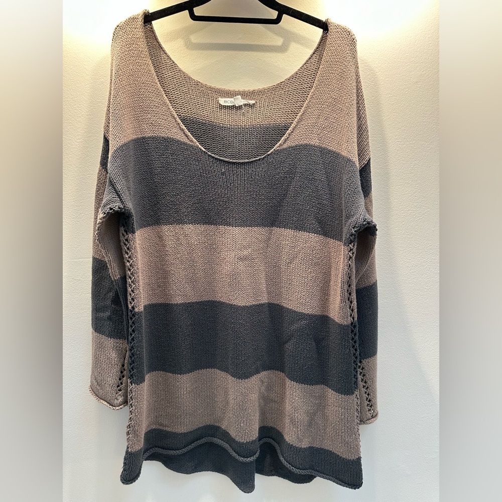 BCBGeneration Beige and Green Striped Oversized Sweater M